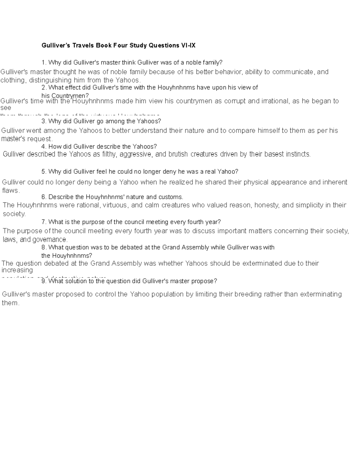Gulliver 69 Gulliver’s Travels Book Four Study Questions VIIX Why