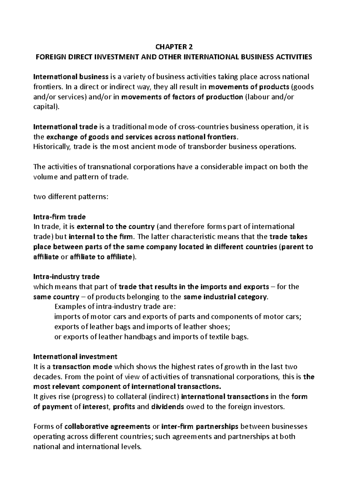 Foreign Direct Investment and Other Business Activities CHAPTER 2