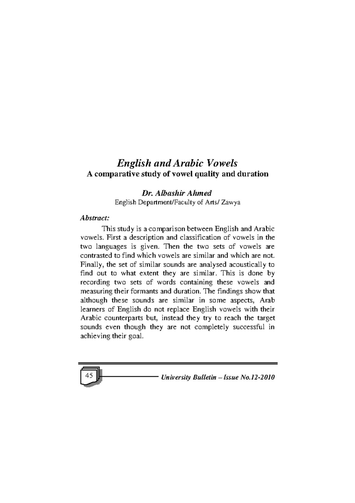 English and Arabic Vowels English and Arabic Studocu