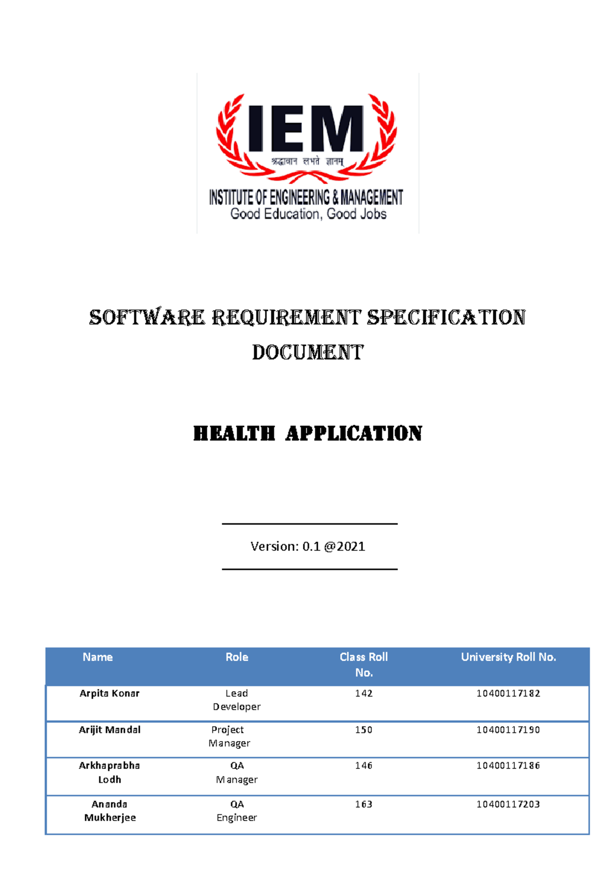 Srs sample - SRS - SOFTWARE REQUIREMENT SPECIFICATION DOCUMENT HEALTH ...