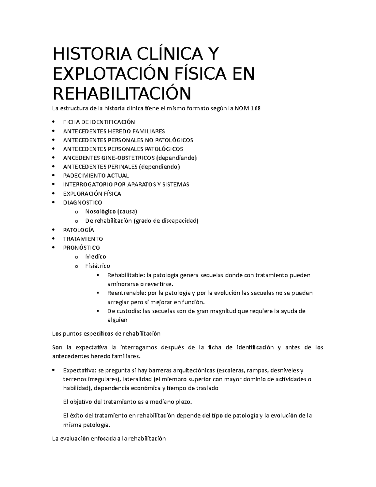Historia Clínica Y Explotación Física EN Rehabilitación HISTORIA