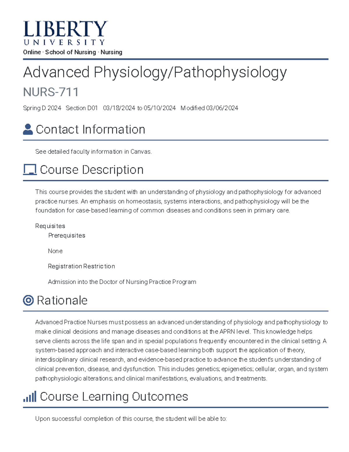 Syllabus Advanced Physiology Pathophysiology NURS 711 Spring D 2024 ...