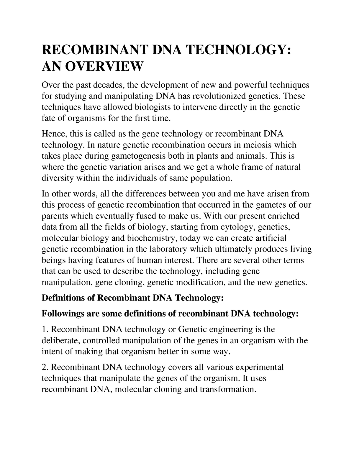 Recombinant DNA Technology AN Overview - RECOMBINANT DNA TECHNOLOGY: AN ...