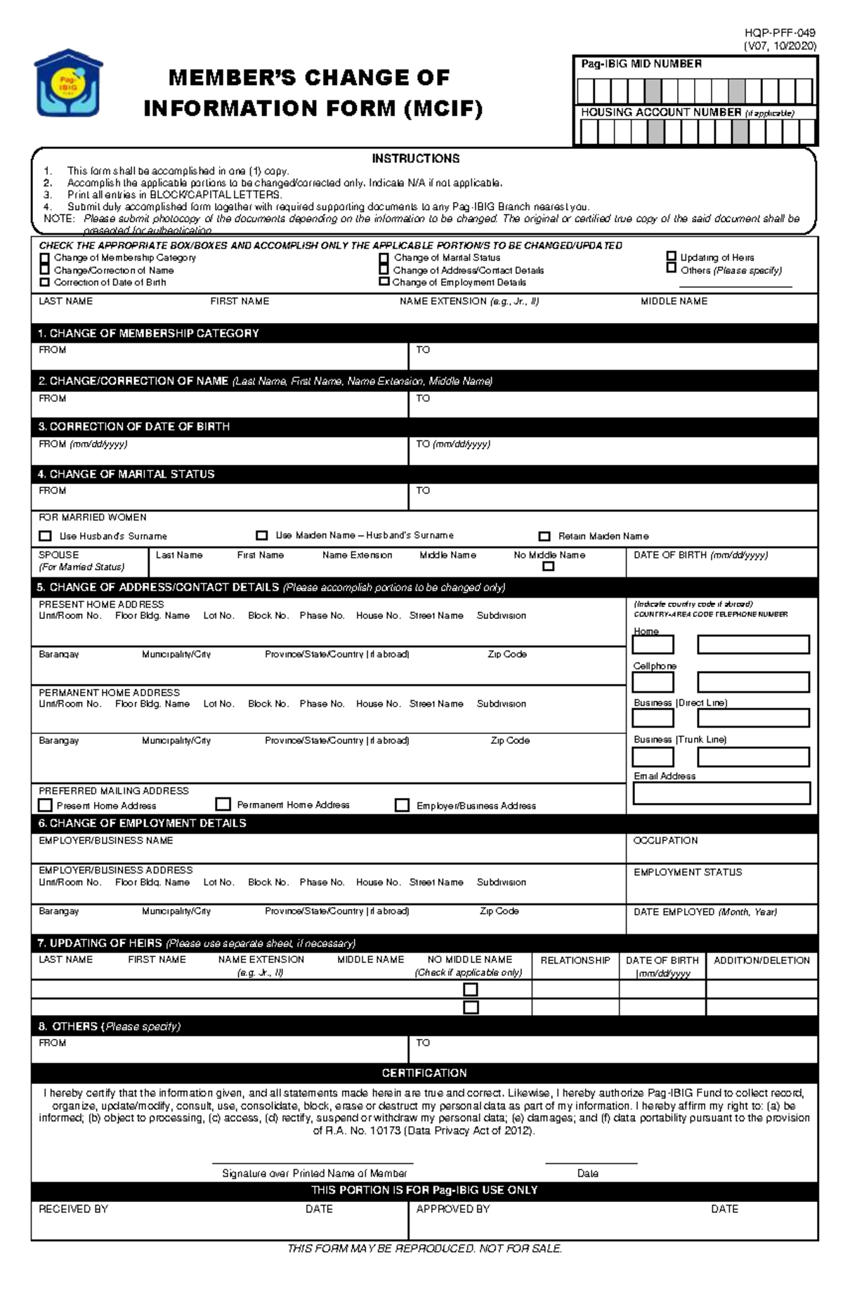 PFF049 Members Change Information Form V07 - MEMBER’S CHANGE OF ...