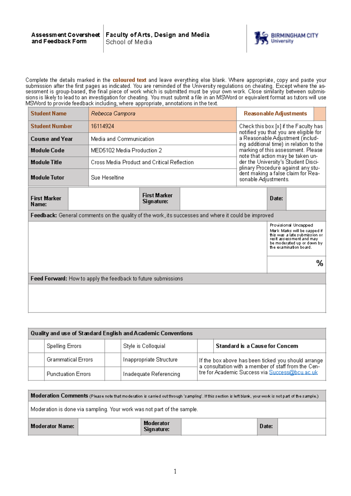 Assessment Coversheet and Feedback Form for Media and Communication ...