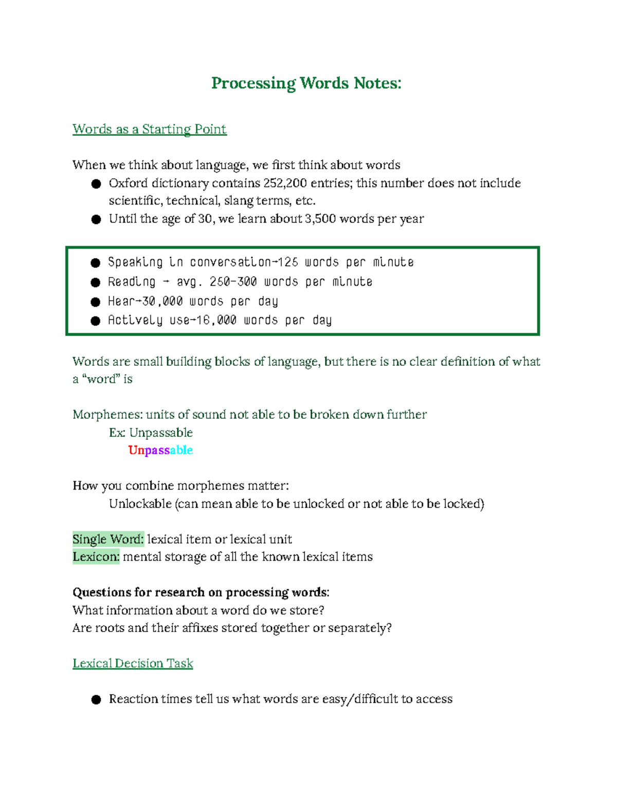 (2) Processing Words Notes for the second lesson of Psycholinguistics