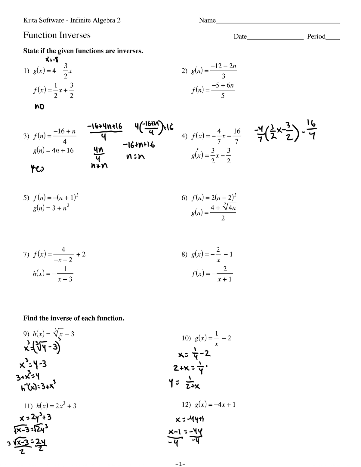 Function Inverses - Math Work - © 8 B 2 B 0 Z 162 E 9 KeuWtUa 2 7 ...