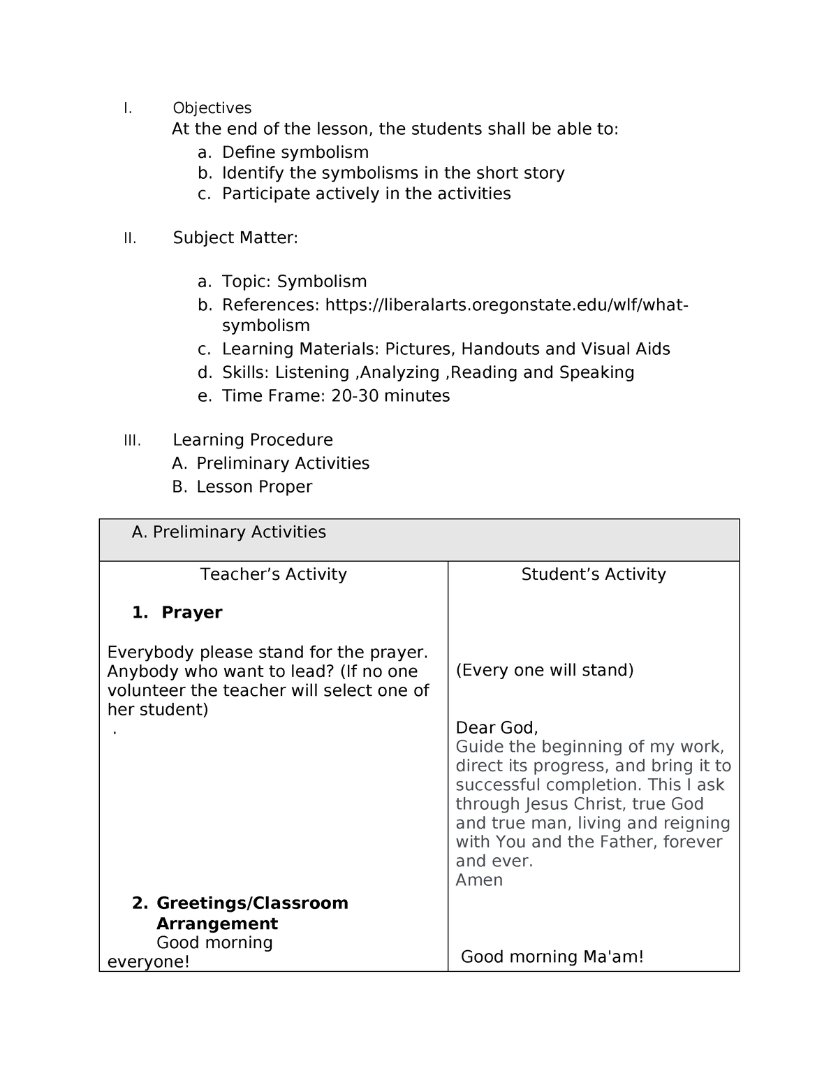 Lesson-plan - Detailed Lesson Plan - I. Objectives At the end of the ...