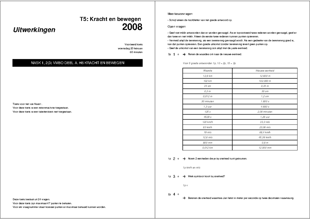 Krachten oefentoets uitwerking - T5: Kracht en bewegen 2008 Voorbeeld
