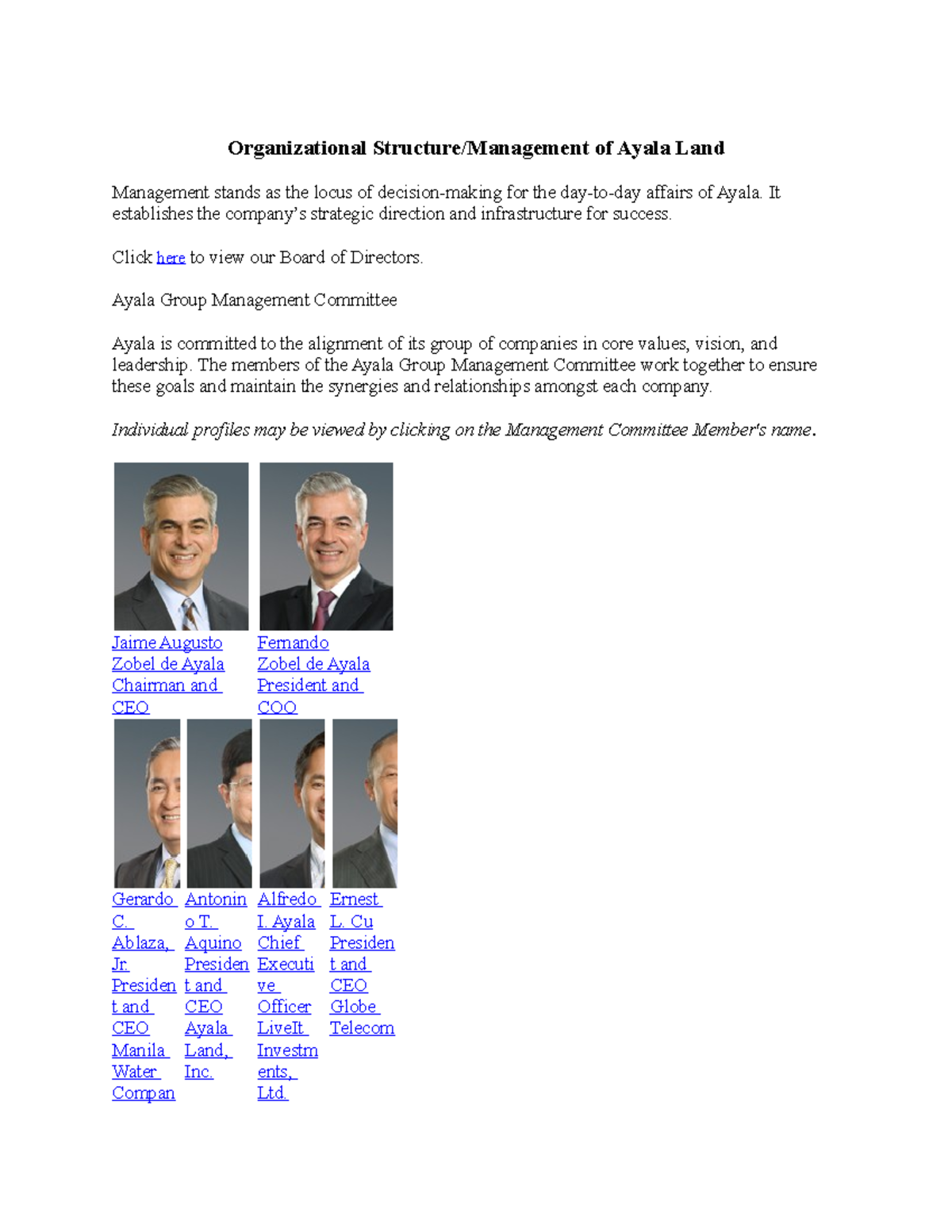 Organizational structure Organizational Structure/Management of Ayala