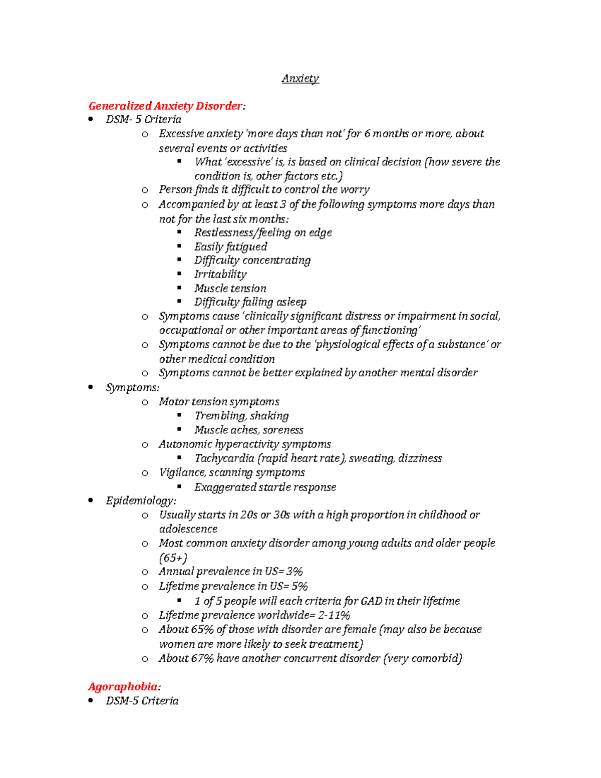 Lecture notes, lectures 3 - Anxiety - Anxiety Generalized Anxiety ...