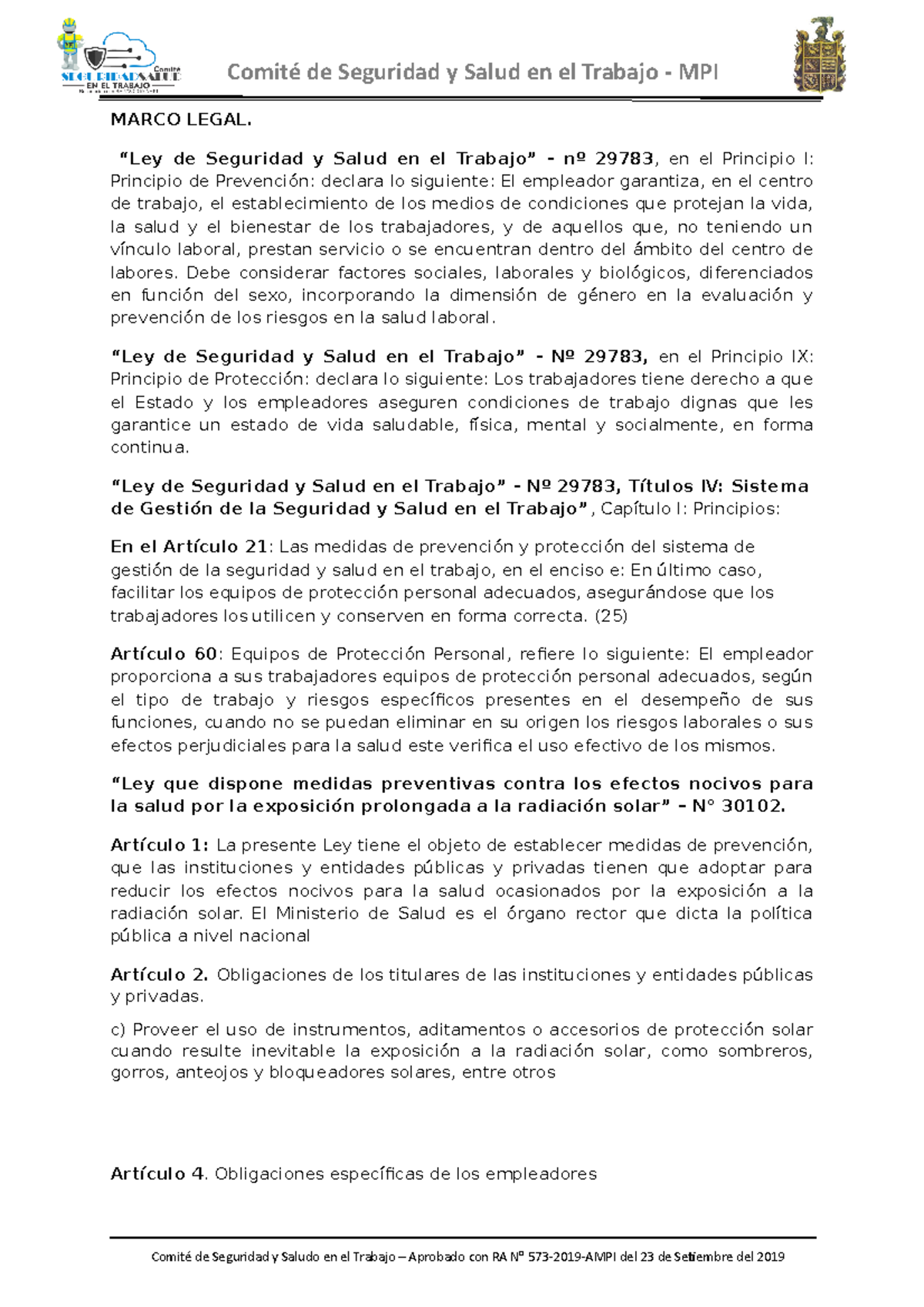 EPP MPI 2020 MARCO LEGAL. “Ley de Seguridad y Salud en el Trabajo