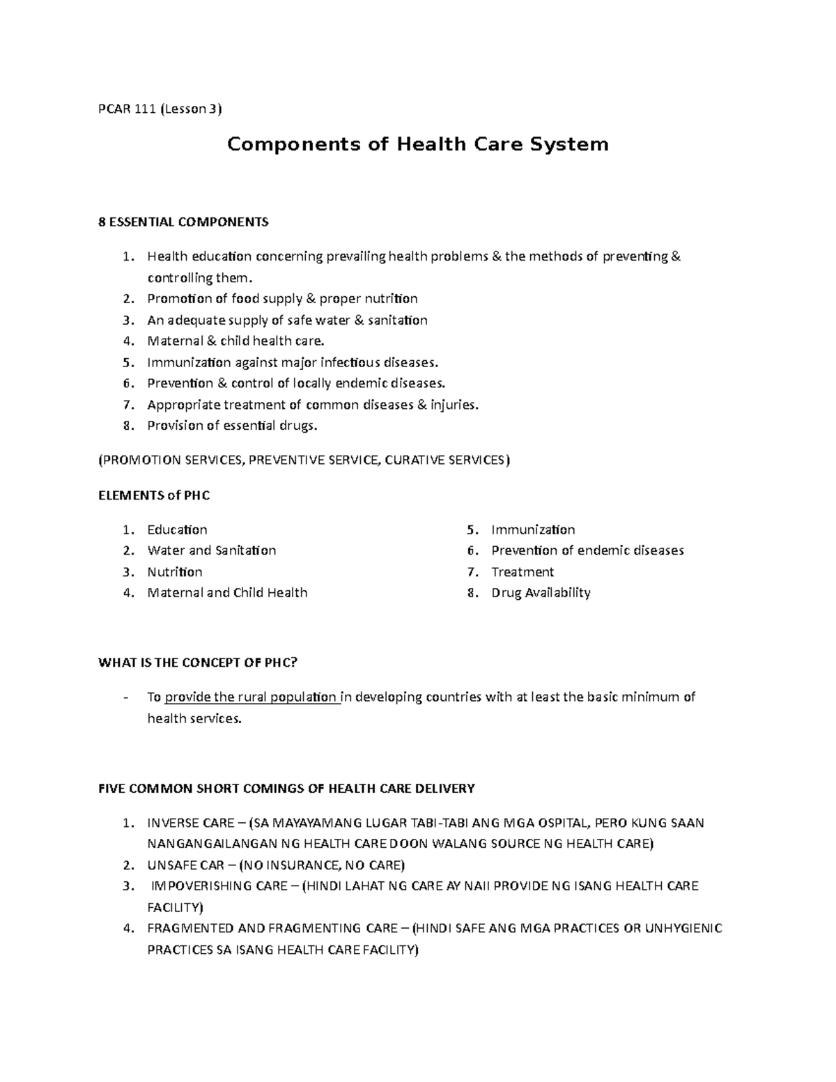 pcar-111-notes-for-lesson-3-components-of-health-care-system-pcar