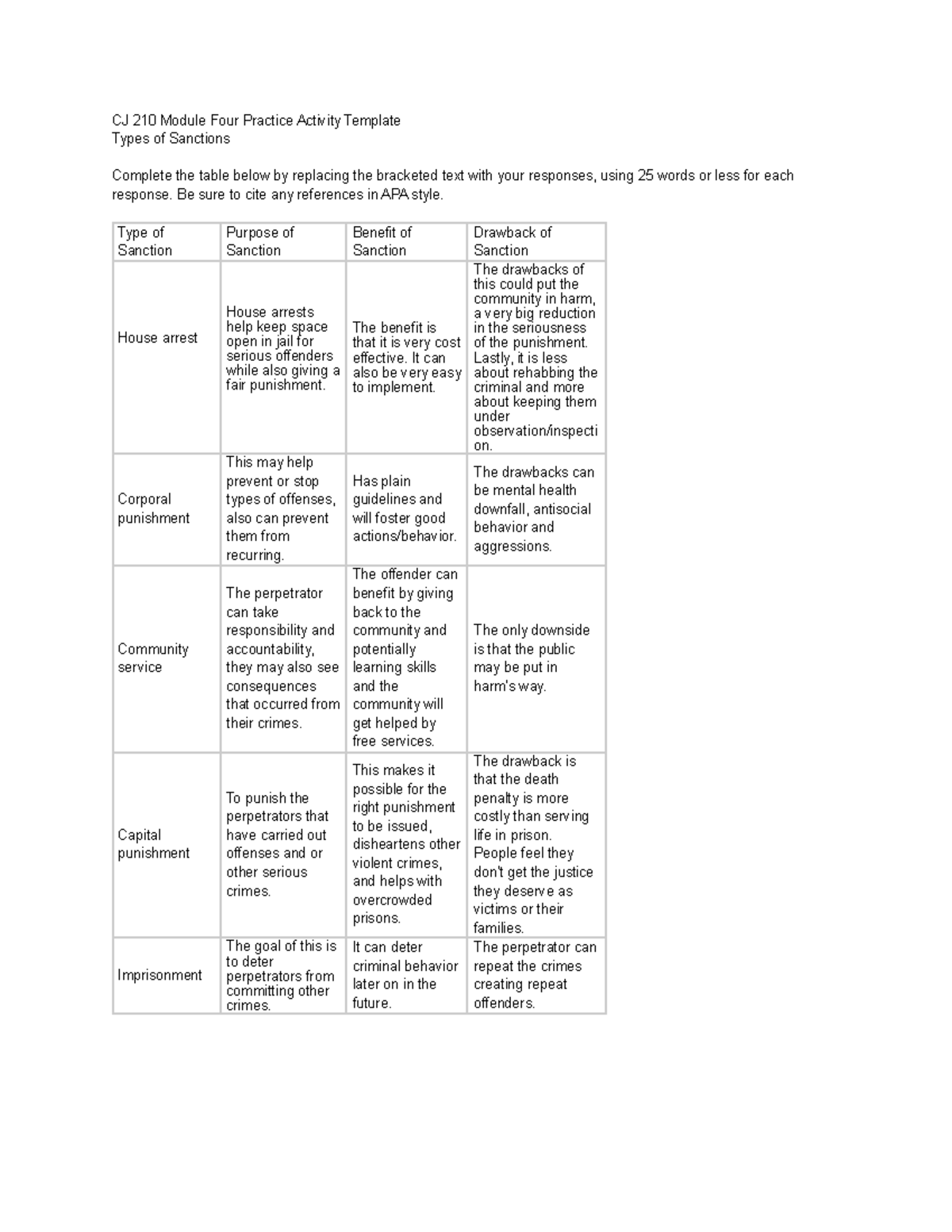 41 Practice Activity Types of Sanctions correctional system CJ 210