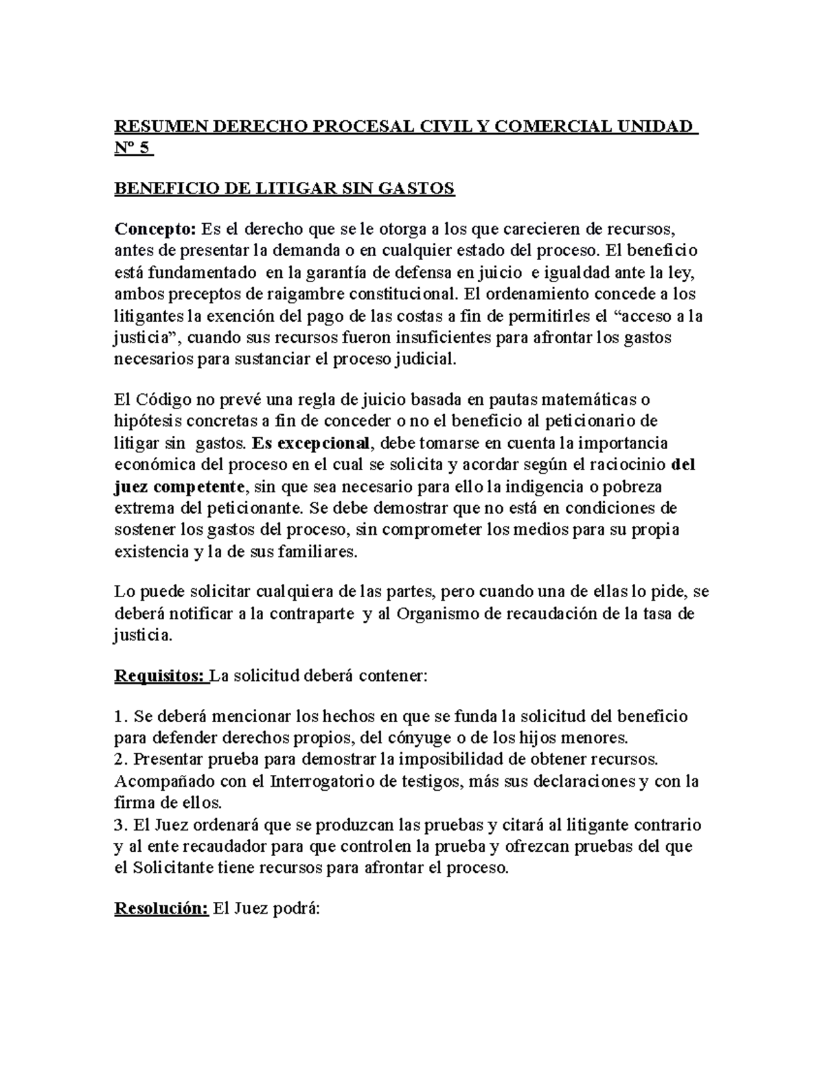 5- Beneficio DE Litigar SIN Gastos - RESUMEN DERECHO PROCESAL CIVIL Y ...