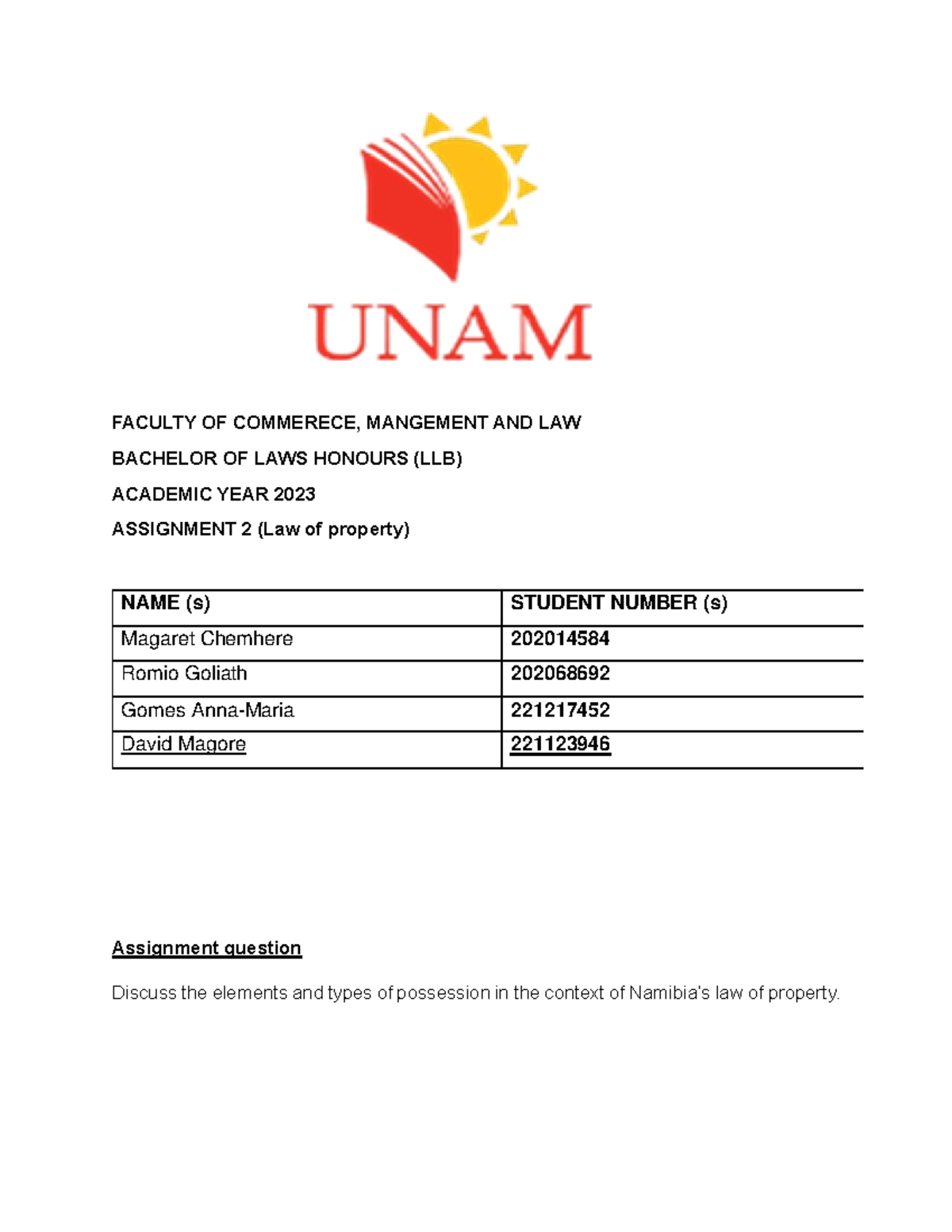 Second semester property law assignment t - FACULTY OF COMMERECE ...