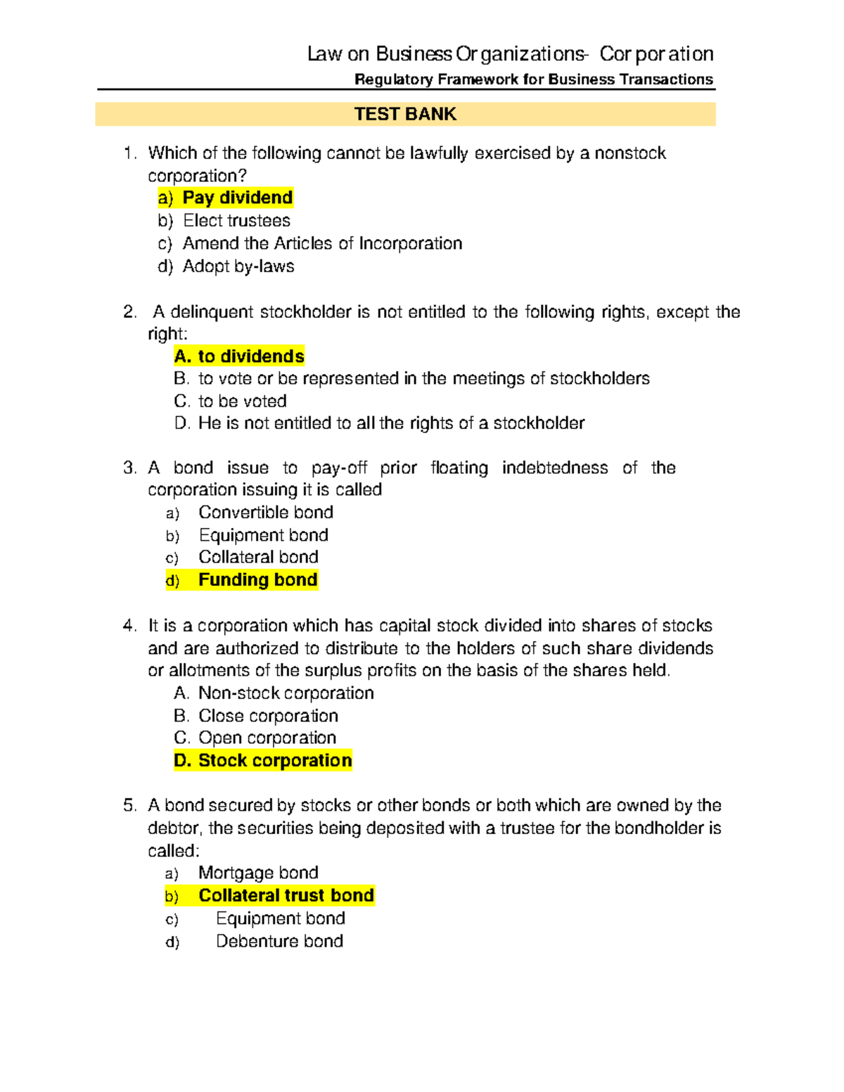  RFBT Law On Business Organization Corporation Test Bank Regulatory 