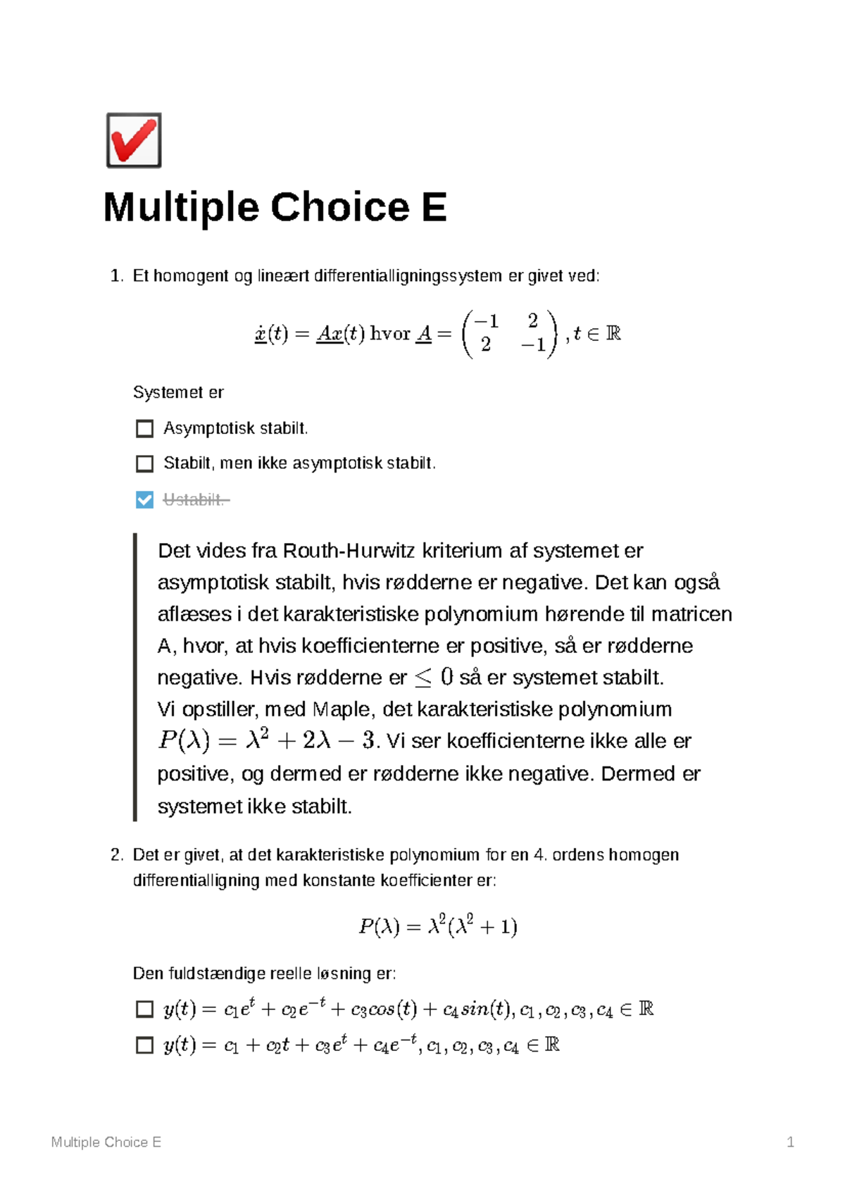 (E) Matematik 2 Eksamensopgave Gennemregnet Med Svar (Multiple Choice ...