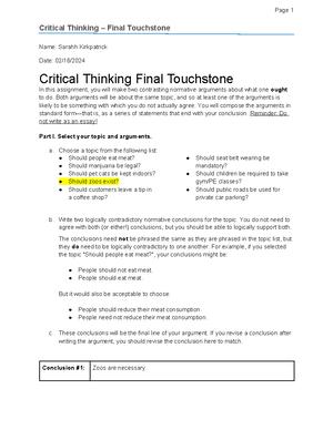 Critical Thinking Touchstone 4 - Critical Thinking – Final Touchstone ...