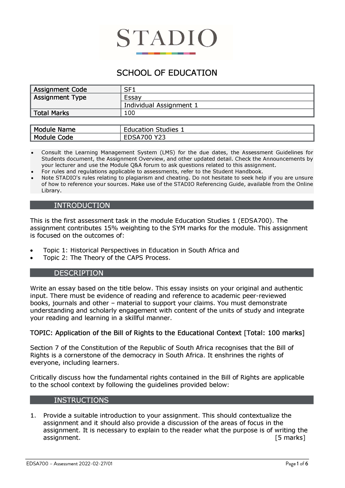 Stadio Assignment Template EDSA700-SF1 - SCHOOL OF EDUCATION Assignment ...