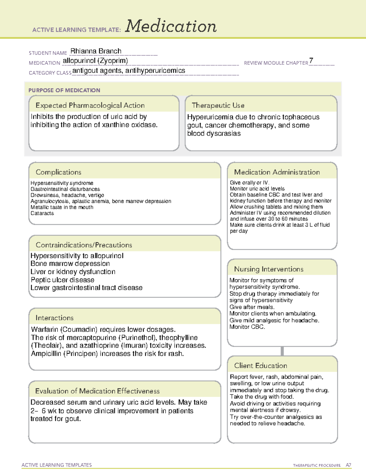 Drug card 8 - MED SURG - ACTIVE LEARNING TEMPLATES THERAPEUTIC ...