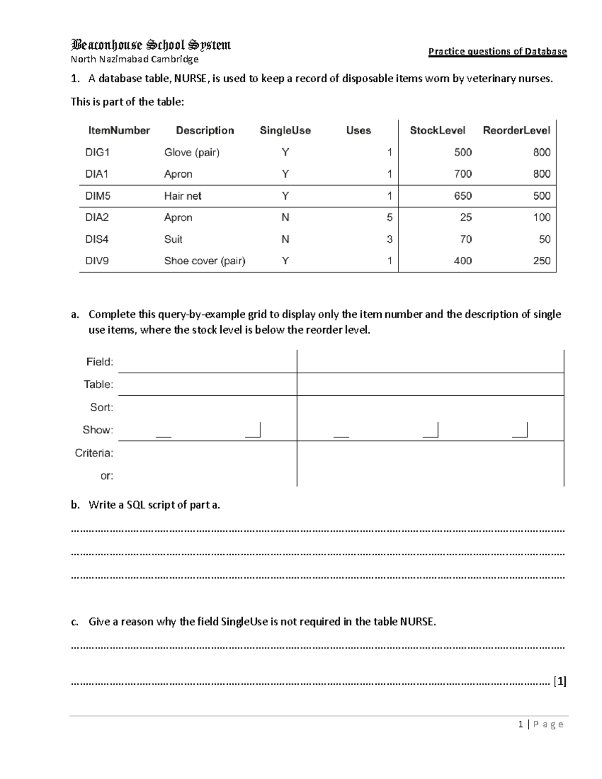Database worksheet - Lecture and Notes - Practice questions of Database ...