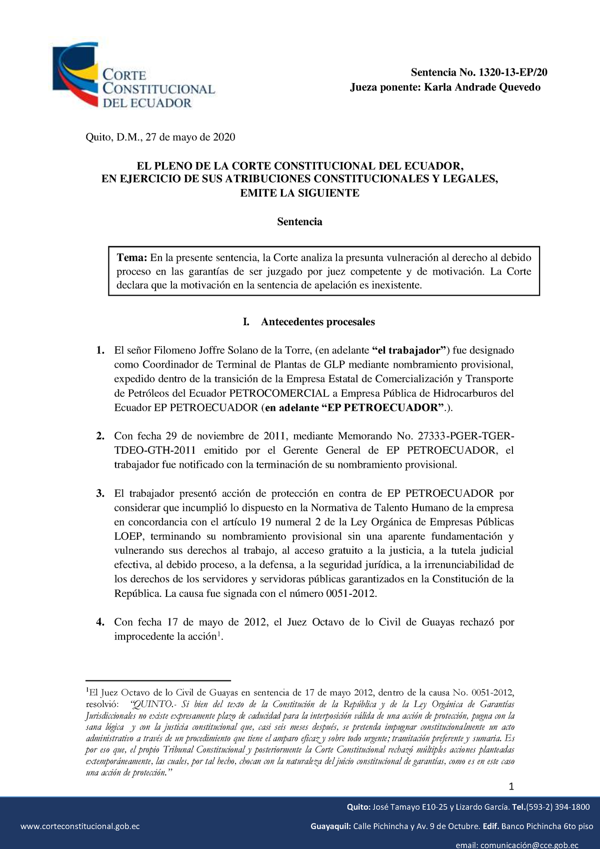 Sentencia 1320-13-EP (Situaciones Jurídicas Consolidadas). Dra. Karla ...