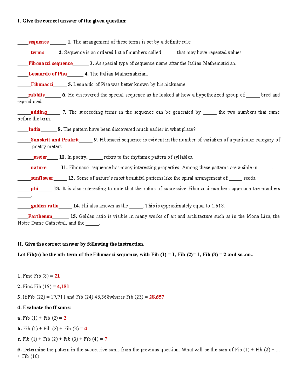 MMW - Mathematics in the Modern World - I. Give the correct answer of ...