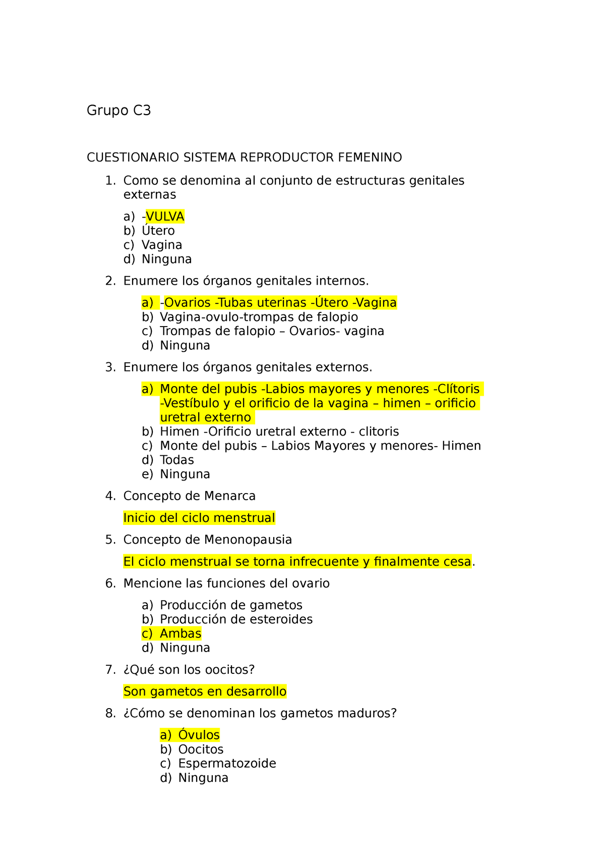 Cuestionario De Aparato Reproductivo Femenino Grupo C Cuestionario