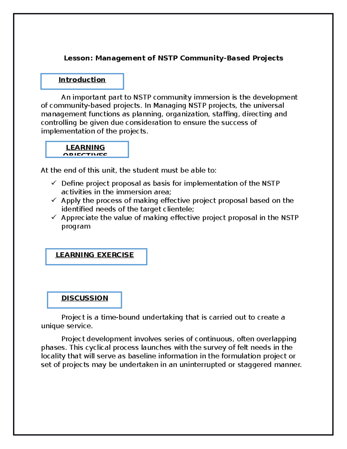 Lesson Management Of NSTP Community Based Projects In Managing NSTP