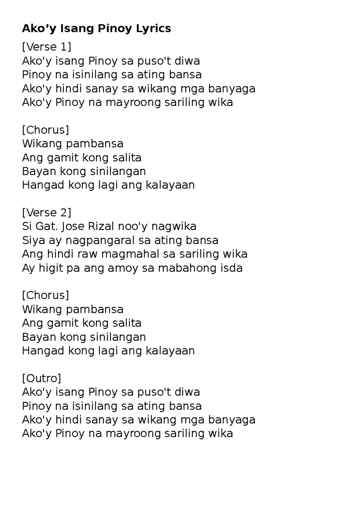 Akoy isang pinoy - none - Ako’y Isang Pinoy Lyrics [Verse 1] Ako'y ...