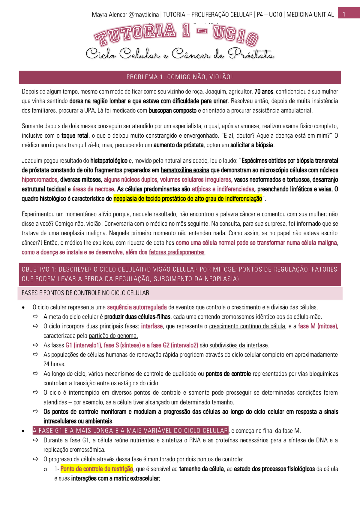 Tutoria 1 Uc10 Ciclo Celular E Câncer De Próstata Problema 1 Comigo Não Violão Pr Ob 