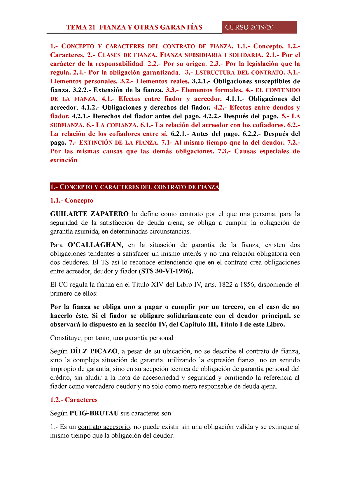 TEMA 21 Contrato Fianza Y Otras Garantias - CONCEPTO DEL CONTRATO DE FIANZA. 1.- - Studocu