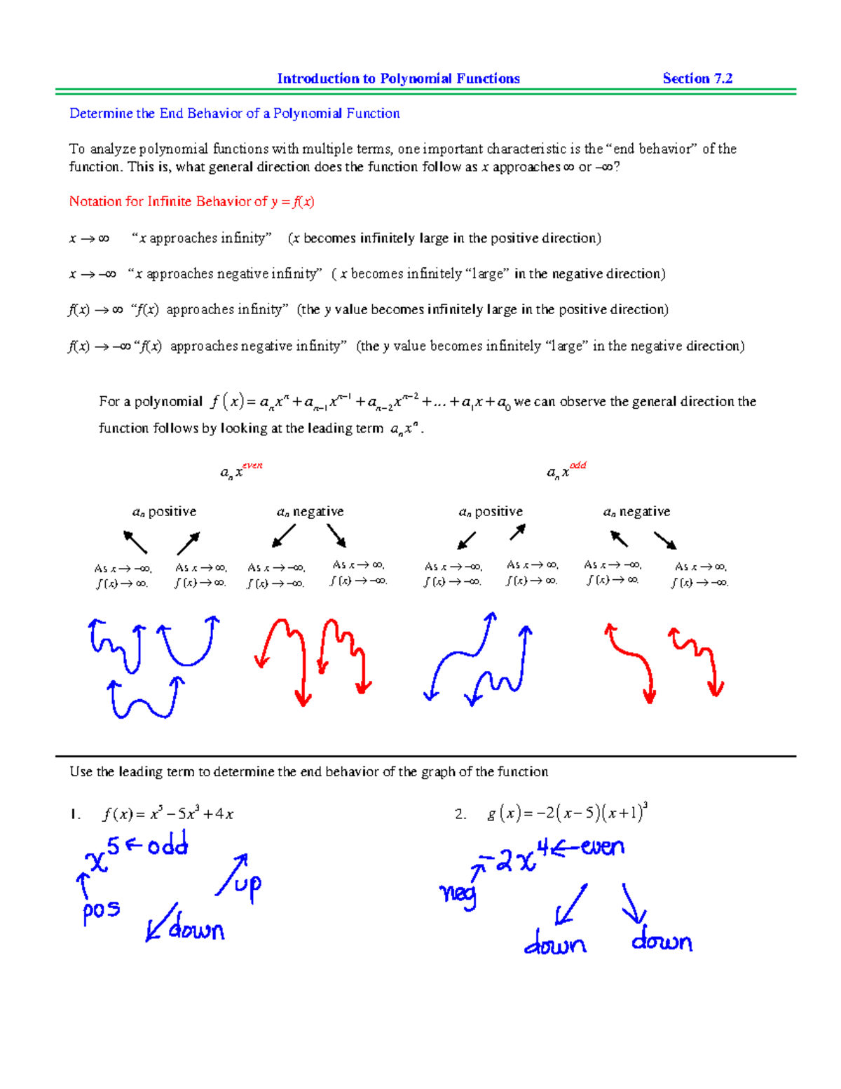 Section 7.2 Edited - Introduction to Polynomial Functions Section 7 ...