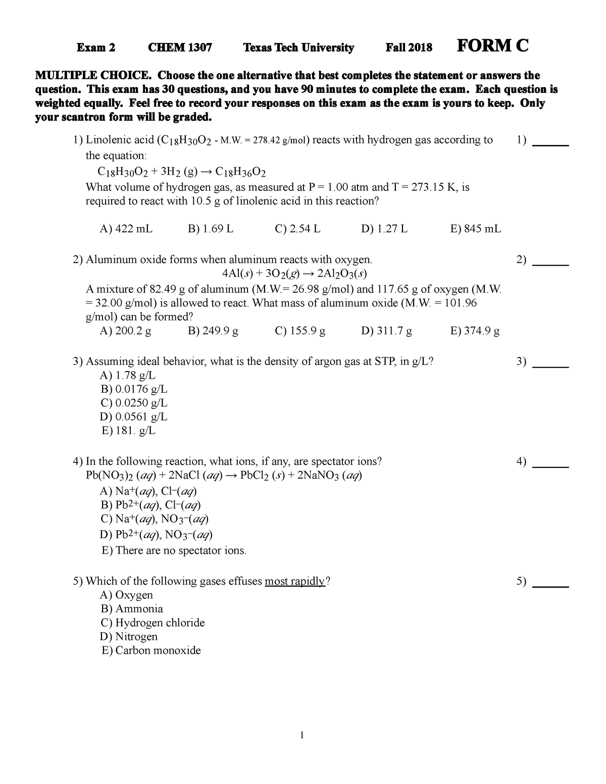 1307 exam 2 fall2018 Formc - Exam 2 CHEM 1307 Texas Tech University ...