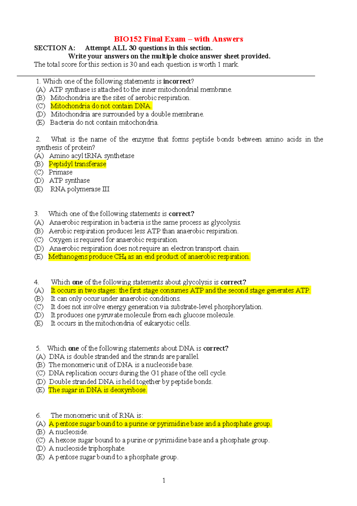 BIO152 2016 Final Exam Answers - BIO152 Final Exam – With Answers ...