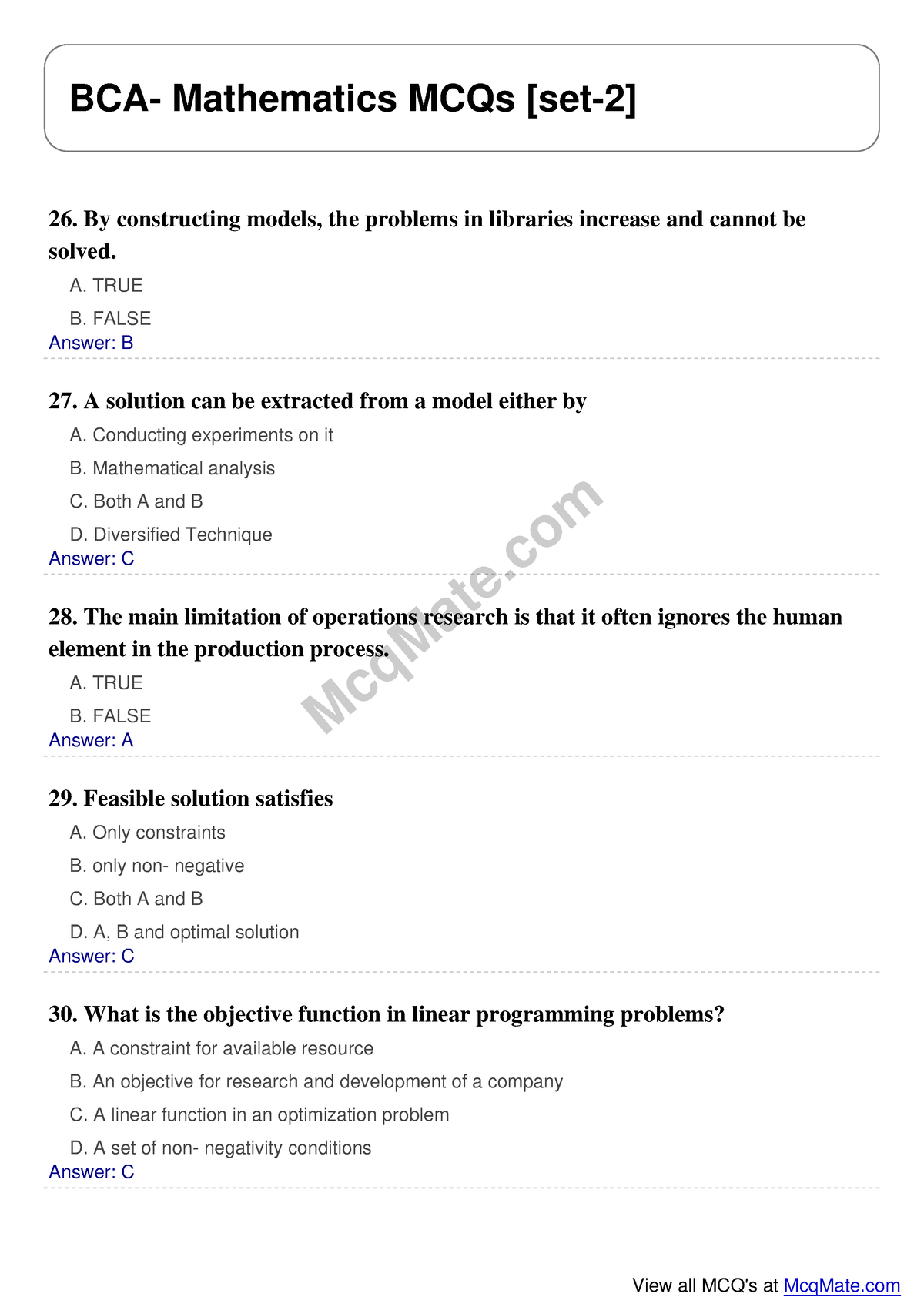 Bca-mathematics-set-2 Mcqmate - McqMate BCA- Mathematics MCQs [set-2 ...