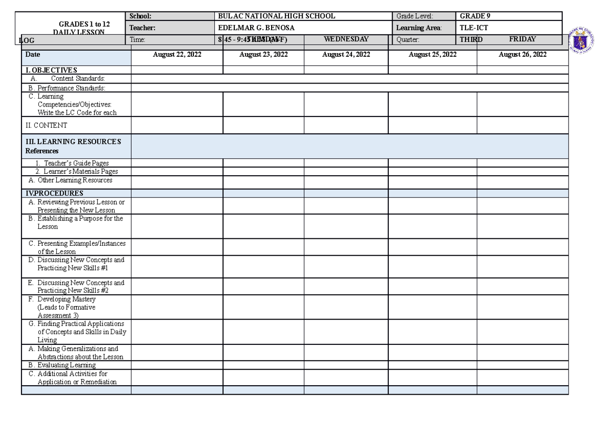 Gen Math Q1 Week 1 - Daily Lesson Log - MONDAY TUESDAY WEDNESDAY ...