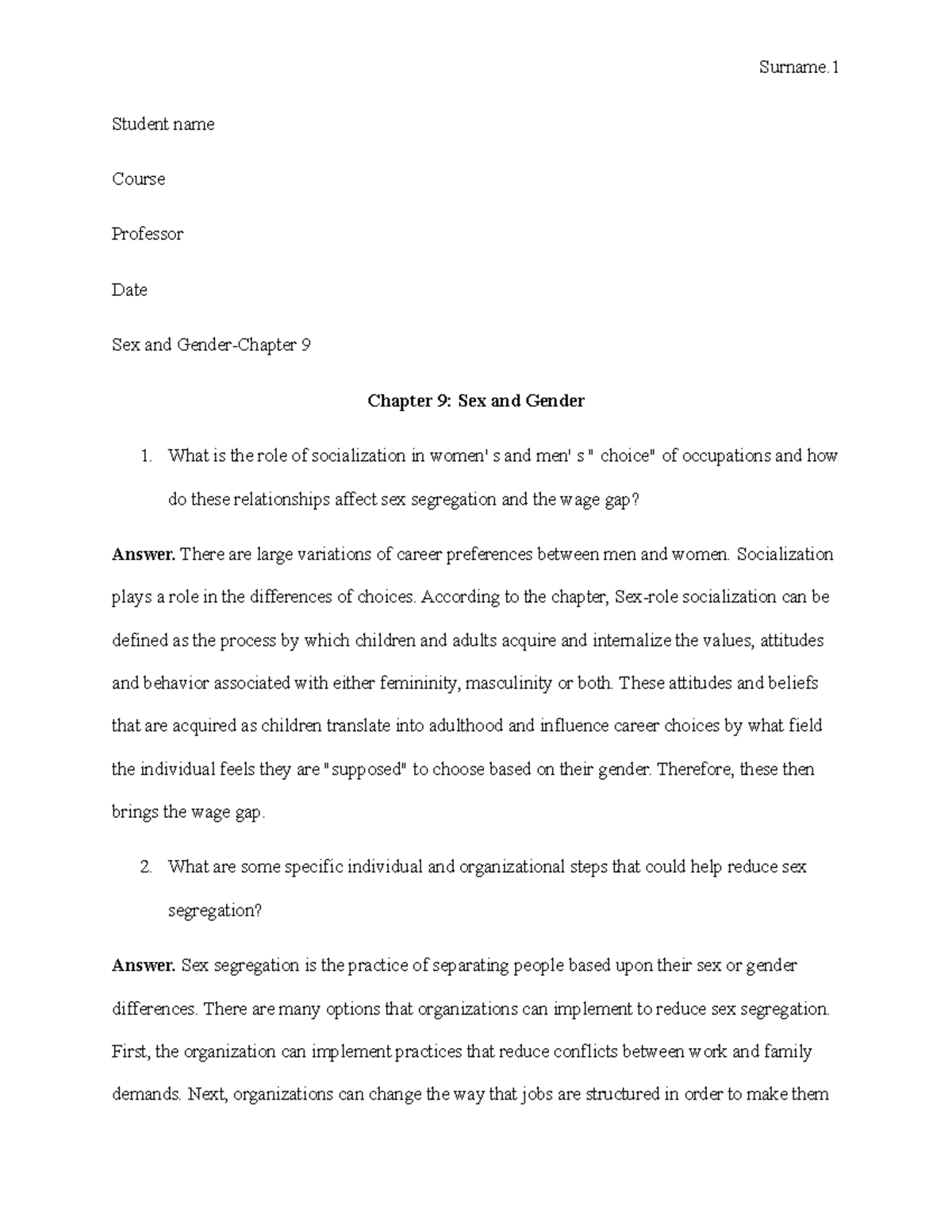 Sex and Gender-Chapter 9 - Student name Course Professor Date Sex and ...