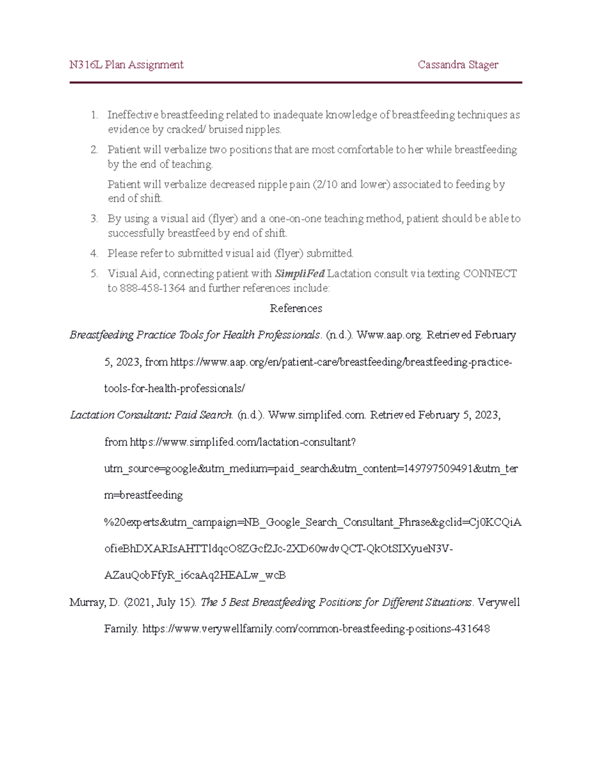N316L Plan Assignment Cassandra Stager - N316L Plan Assignment ...
