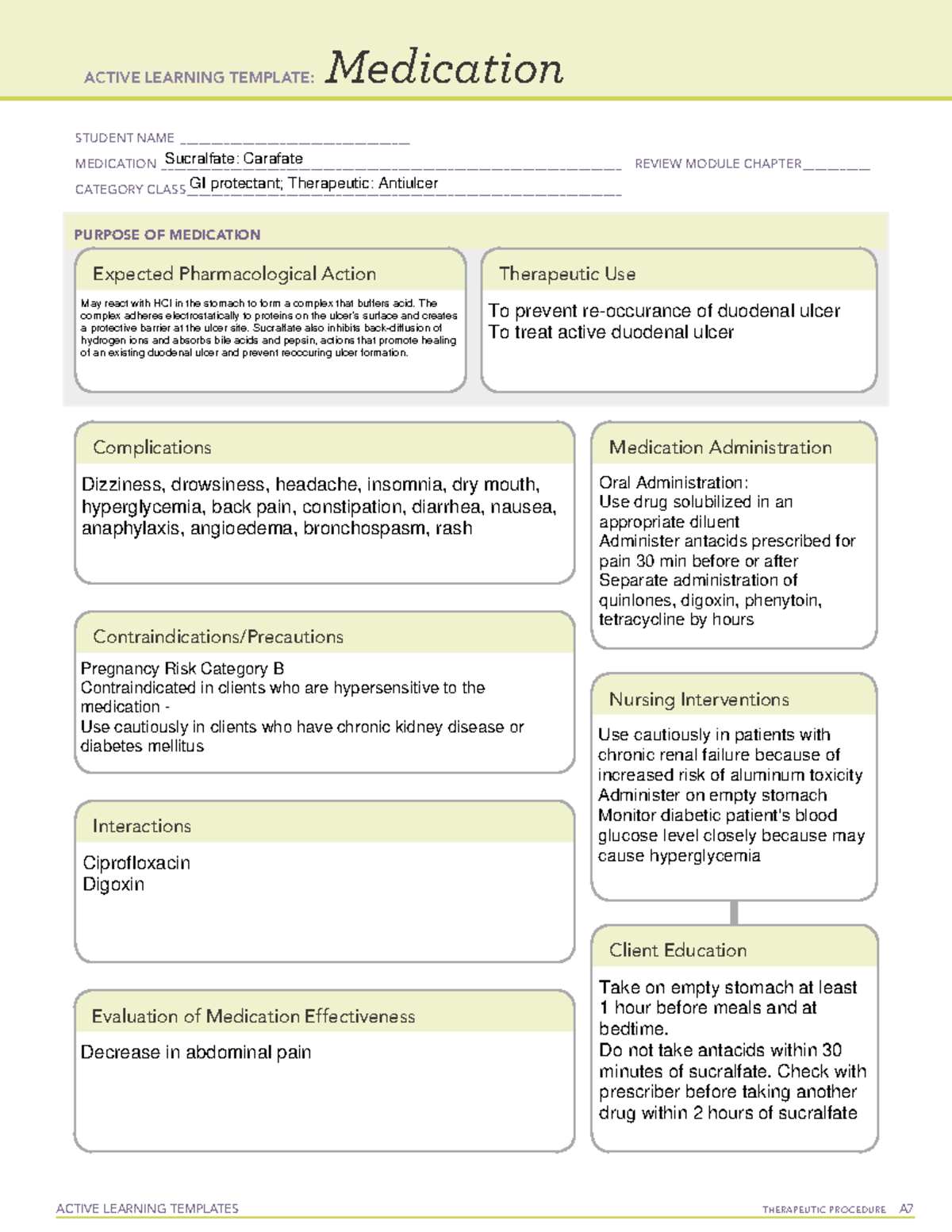 ATI Sucralfate Medication Sheet ACTIVE LEARNING TEMPLATES THERAPEUTIC 