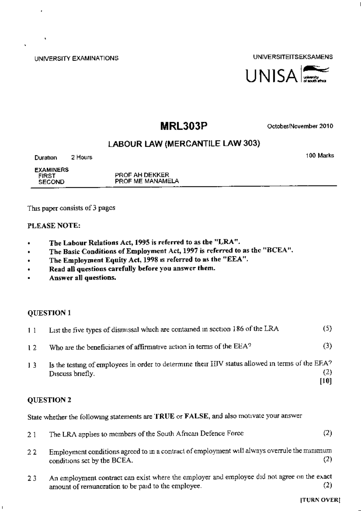 EXAM PAPER 2010 - LABOUR LAW - MRL3702 - Studocu