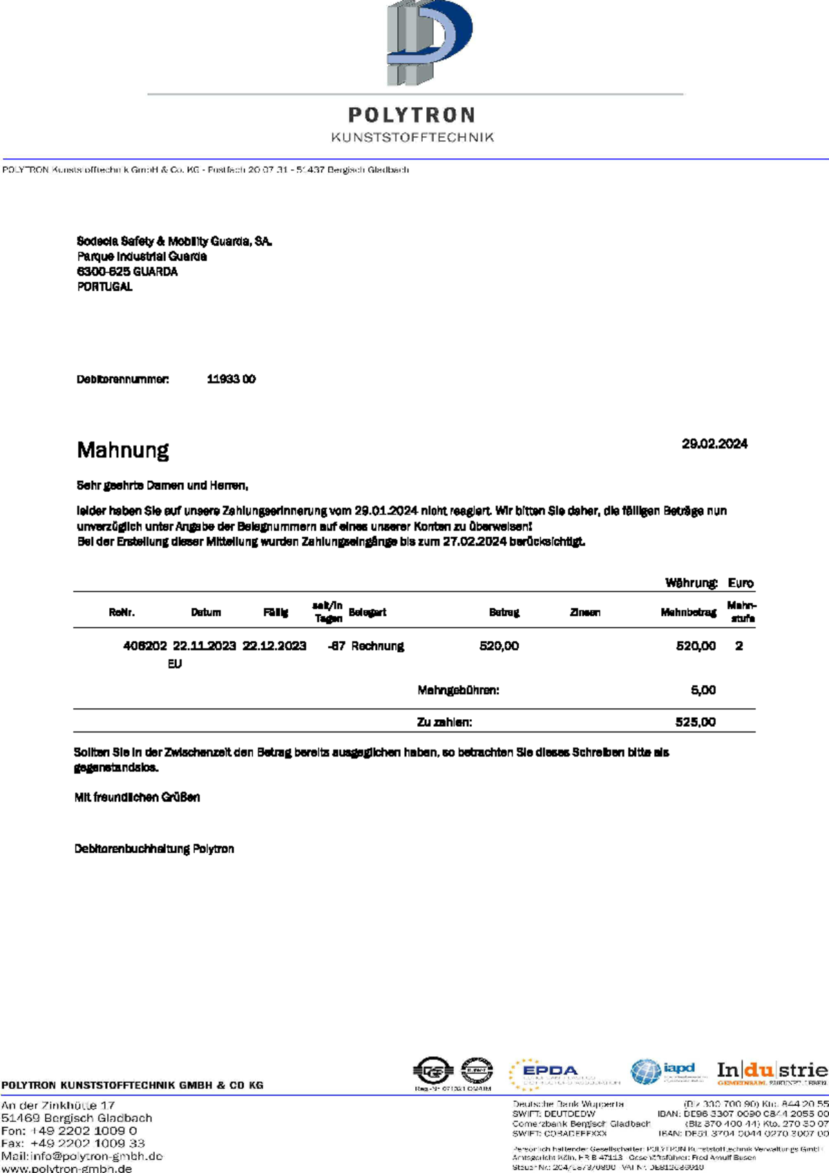 Polytron Mahnung vom 29.02.24 mit der Bitte um sofortigen Ausgleich der ...