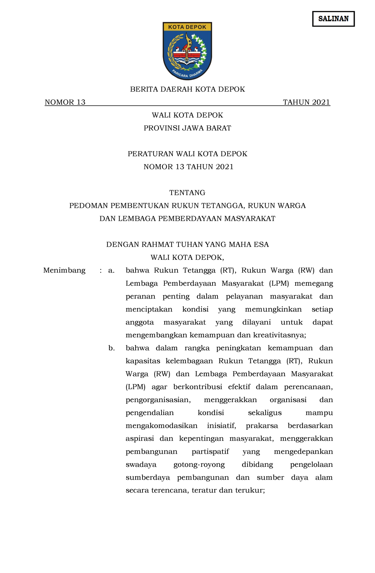 Perwal Kota Depok Nomor 13 Tahun 2021 - BERITA DAERAH KOTA DEPOK NOMOR ...