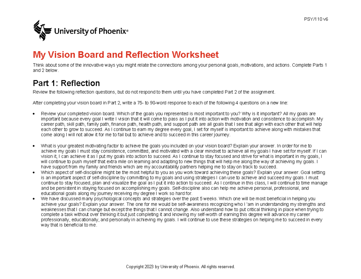 Psy110 v6 wk5 my vision board and reflection worksheet+sj - PSY/110 v ...
