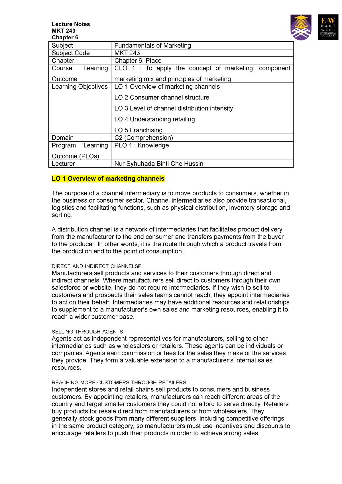 Lecture Notes Chapter 6 Mkt 243 Chapter 6 Subject Fundamentals Of Marketing Subject Code Mkt 3072