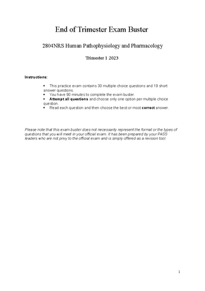 2808NRS 2020 Exam - Exam - Pathophysiology Practice Exam Module 1 ...