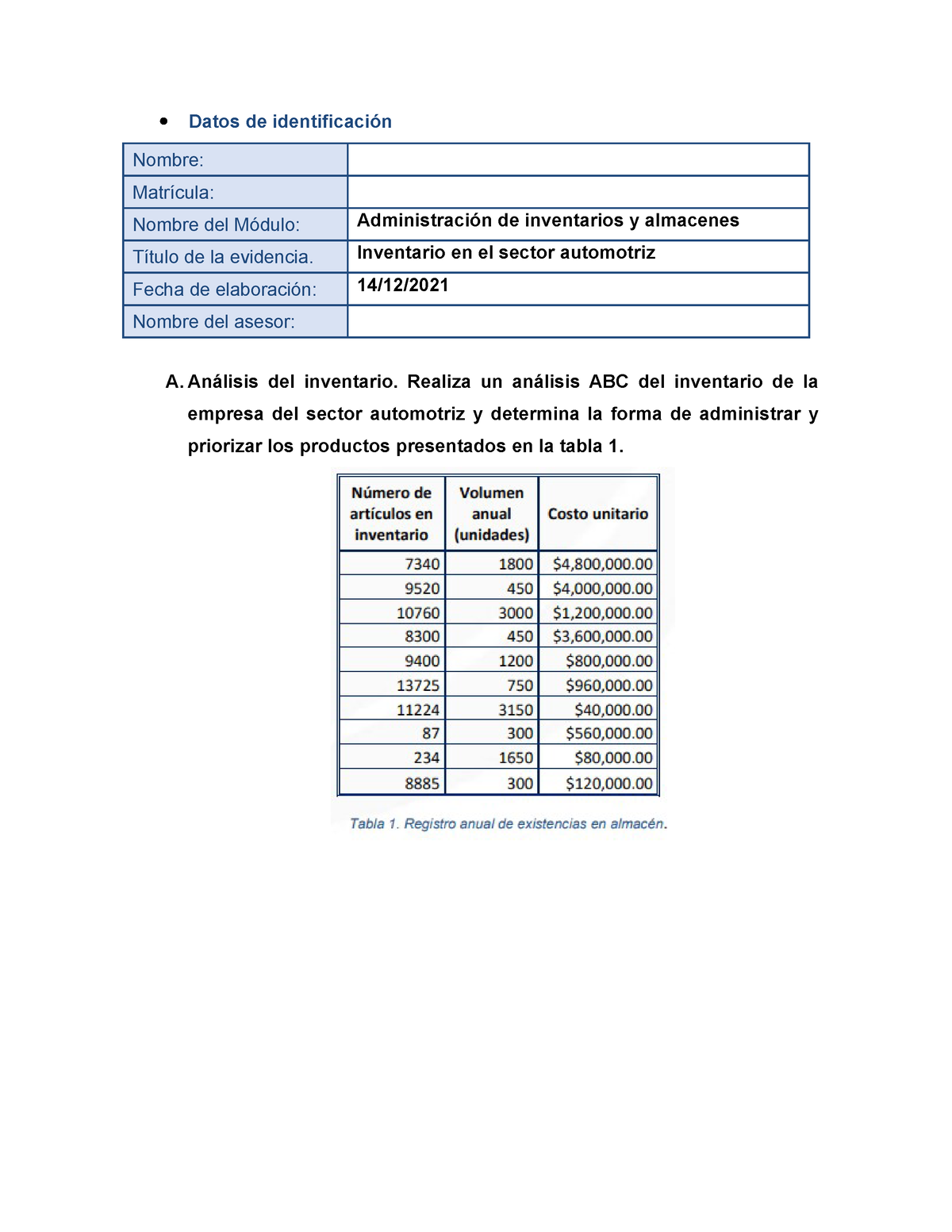 Ea2 Inventario En El Sector Automotriz Datos De Identificación Nombre Matrícula Nombre Del 6709