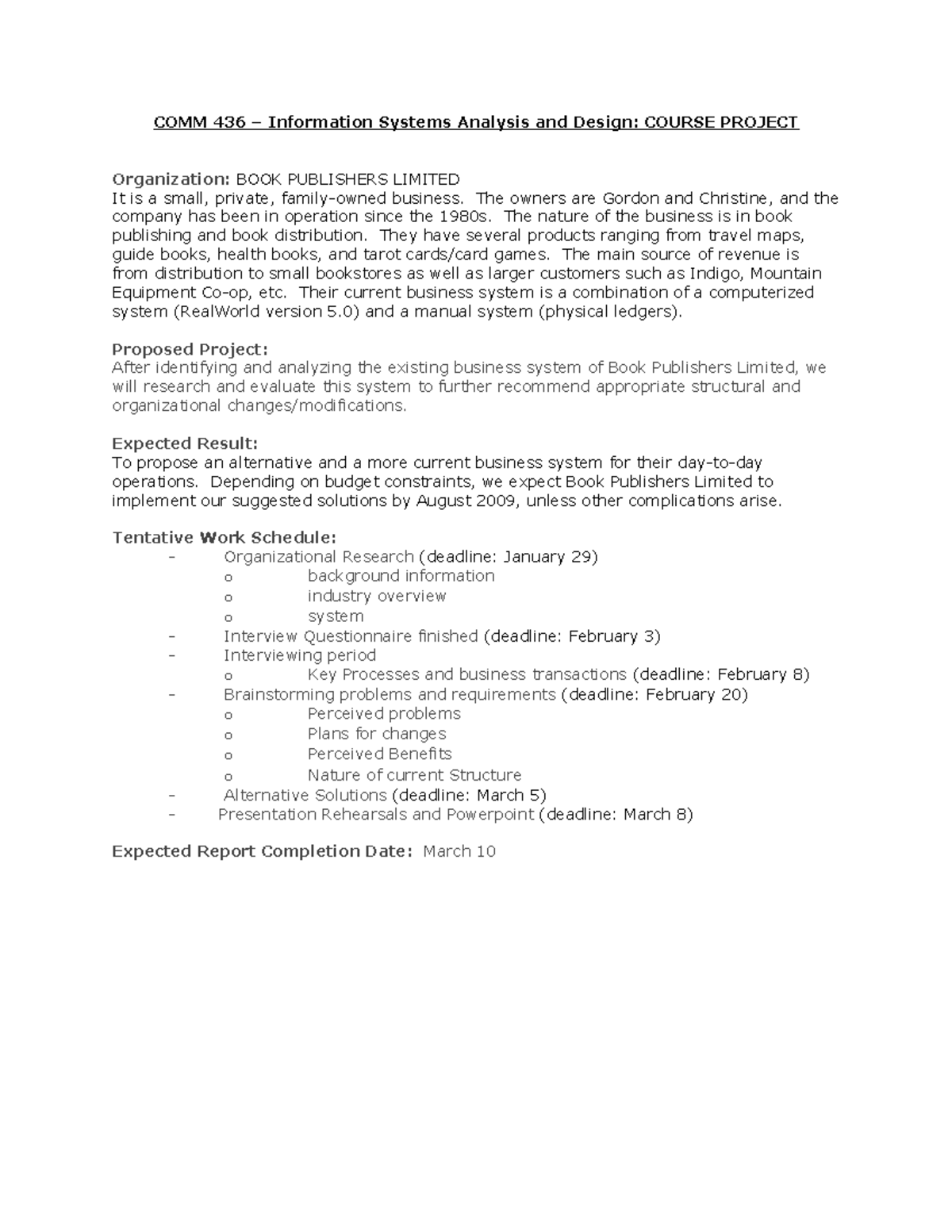 COMM 436 Group Project COMM 436 Information Systems Analysis And