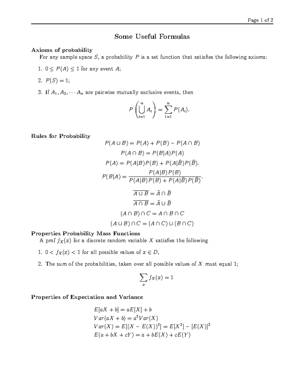 Formula Sheet Helpful Studocu